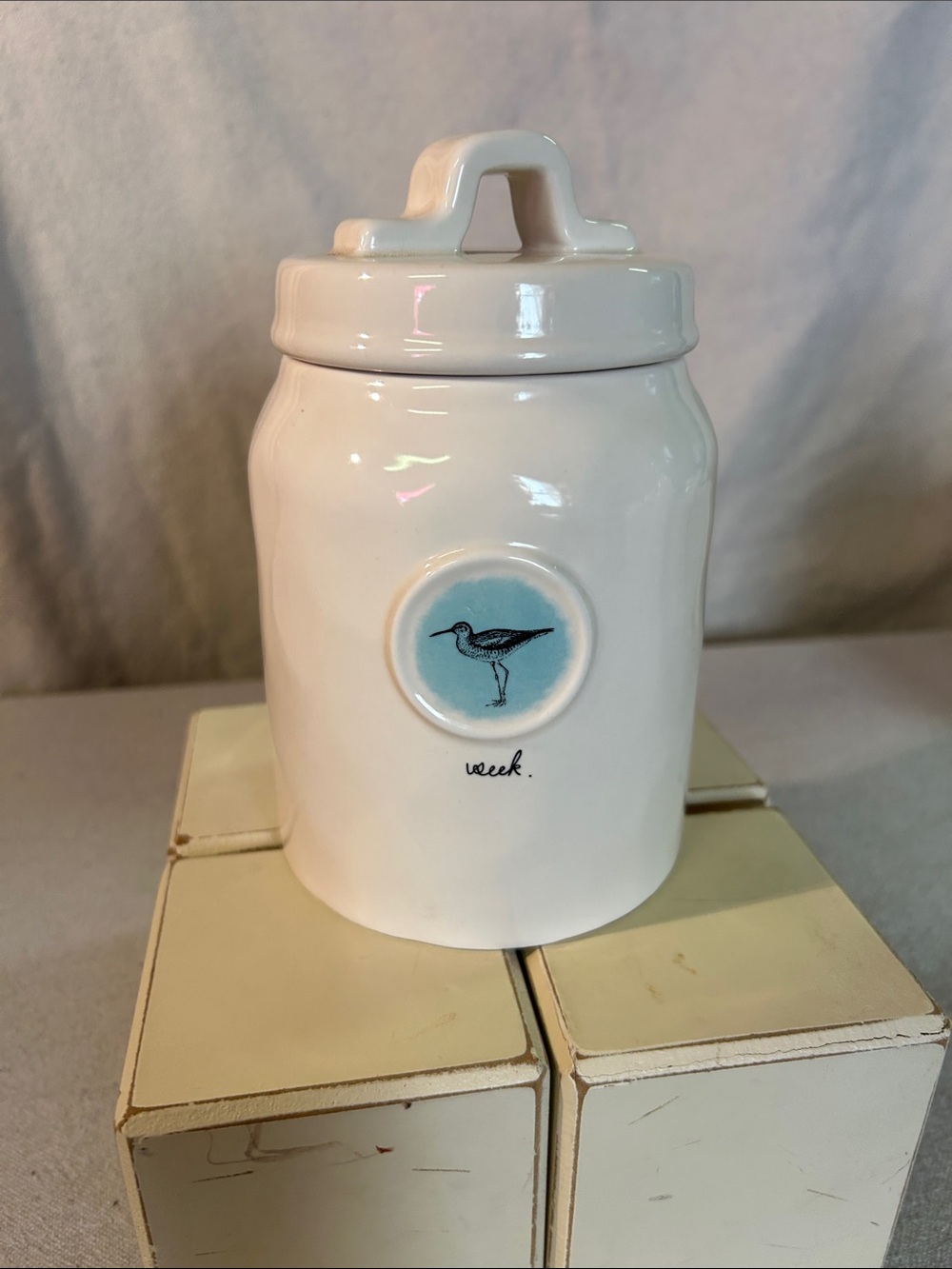 Rae Dunn White Ceramic Canister with Blue Bird Medallion